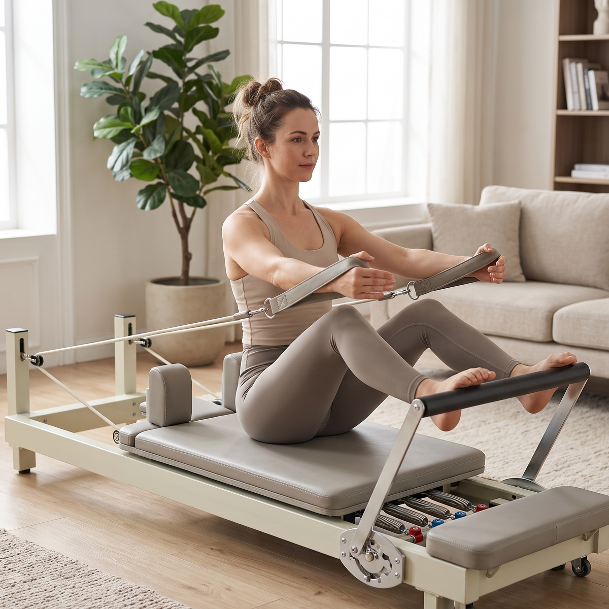 Reformer Pilates Pliable Beige - Cadre bois
